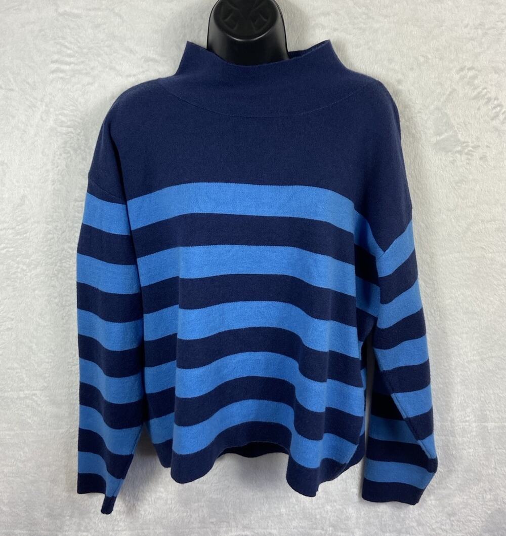 Maeve Anthropologie Striped Sweater Women’s Mock Neck Retro Blue Tones Medium